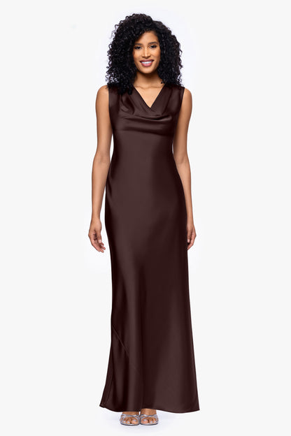 Betsy & Adam "Amberly" Satin Drape Neck Dress - Brown