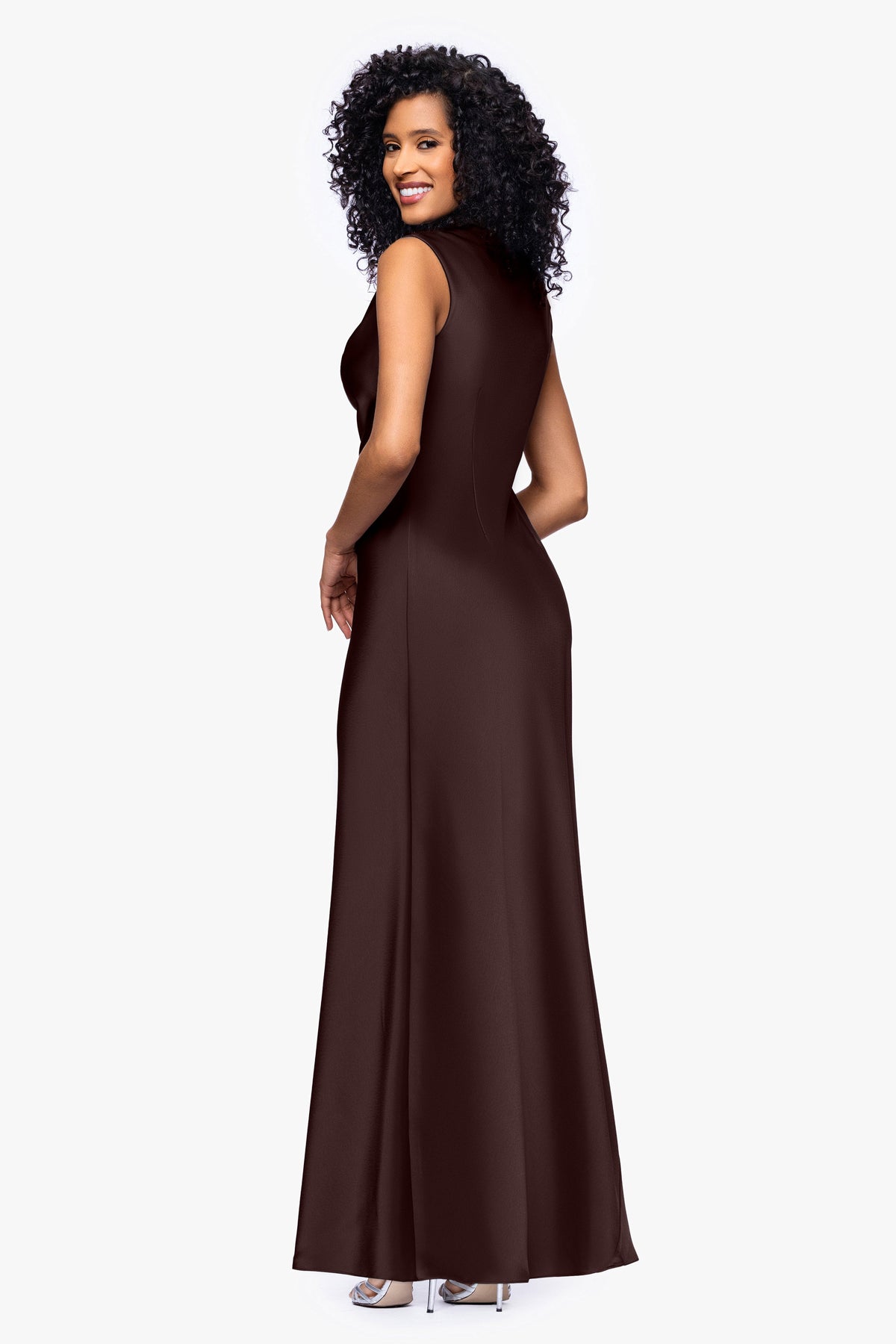 Betsy & Adam "Amberly" Satin Drape Neck Dress - Brown