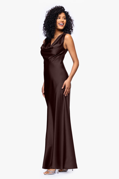 Betsy & Adam "Amberly" Satin Drape Neck Dress - Brown