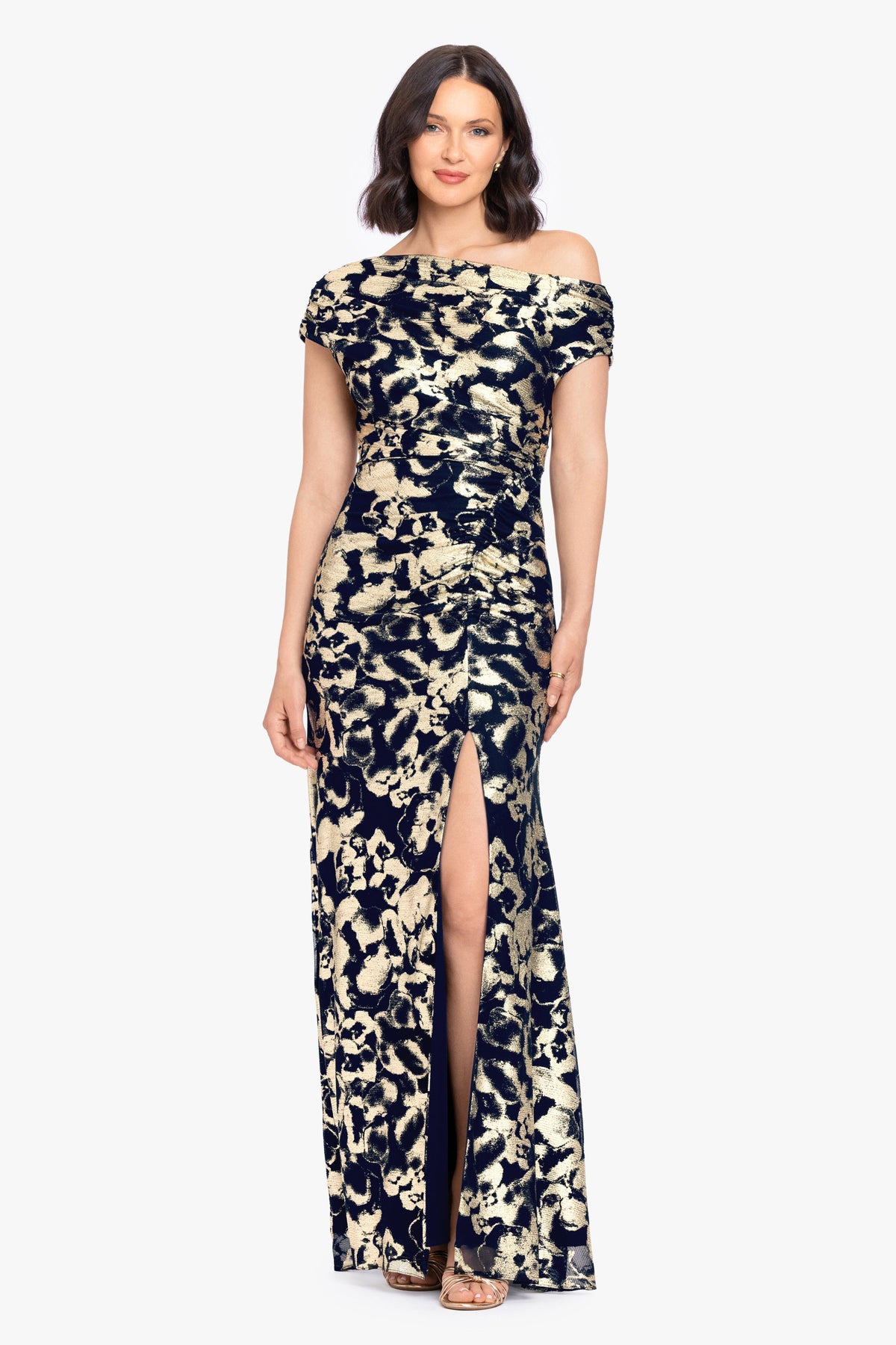 Betsy & Adam "Lauren" Foil Mesh Off The Shoulder Ruched Dress - Navy/Gold