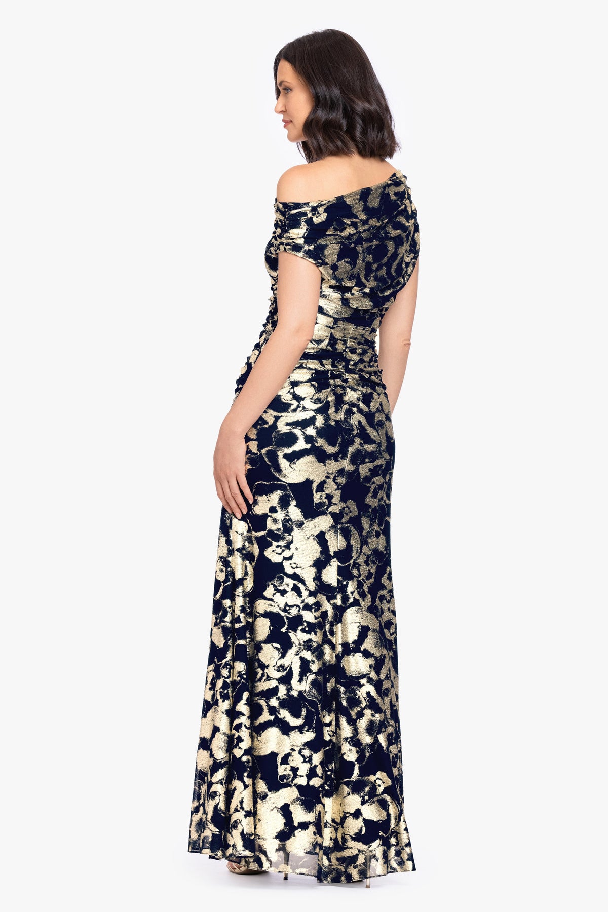 Betsy & Adam "Lauren" Foil Mesh Off The Shoulder Ruched Dress - Navy/Gold