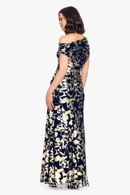 Betsy & Adam "Lauren" Foil Mesh Off The Shoulder Ruched Dress - Navy/Gold