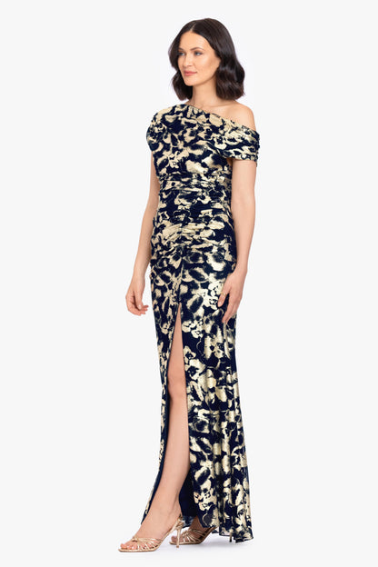 Betsy & Adam "Lauren" Foil Mesh Off The Shoulder Ruched Dress - Navy/Gold
