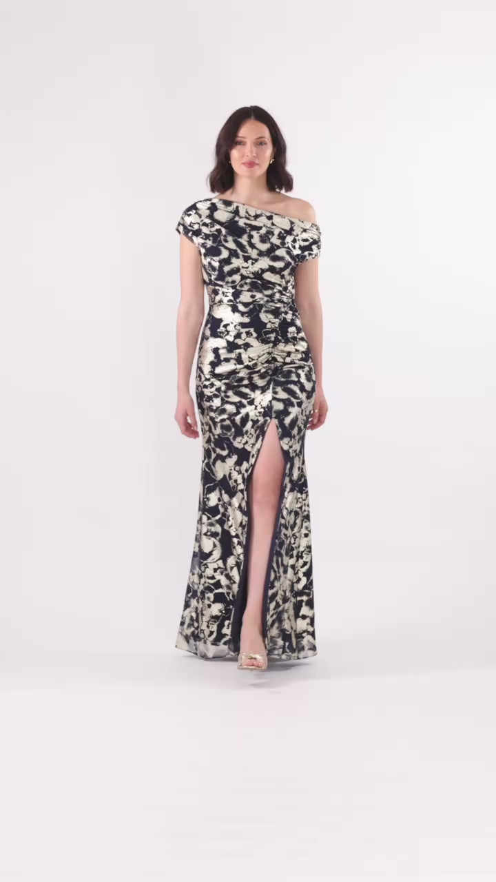 Betsy & Adam "Lauren" Foil Mesh Off The Shoulder Ruched Dress - Navy/Gold