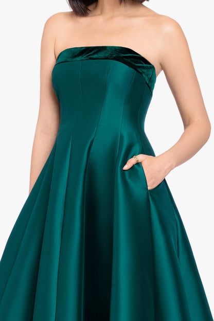 Betsy & Adam "Kali" Mikado Strapless Midi Dress - Hunter