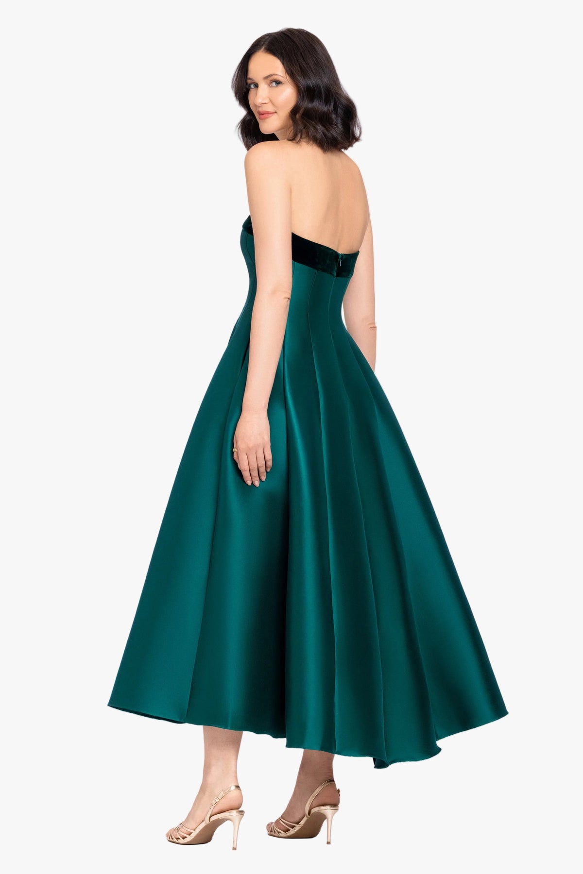 Betsy & Adam "Kali" Mikado Strapless Midi Dress - Hunter