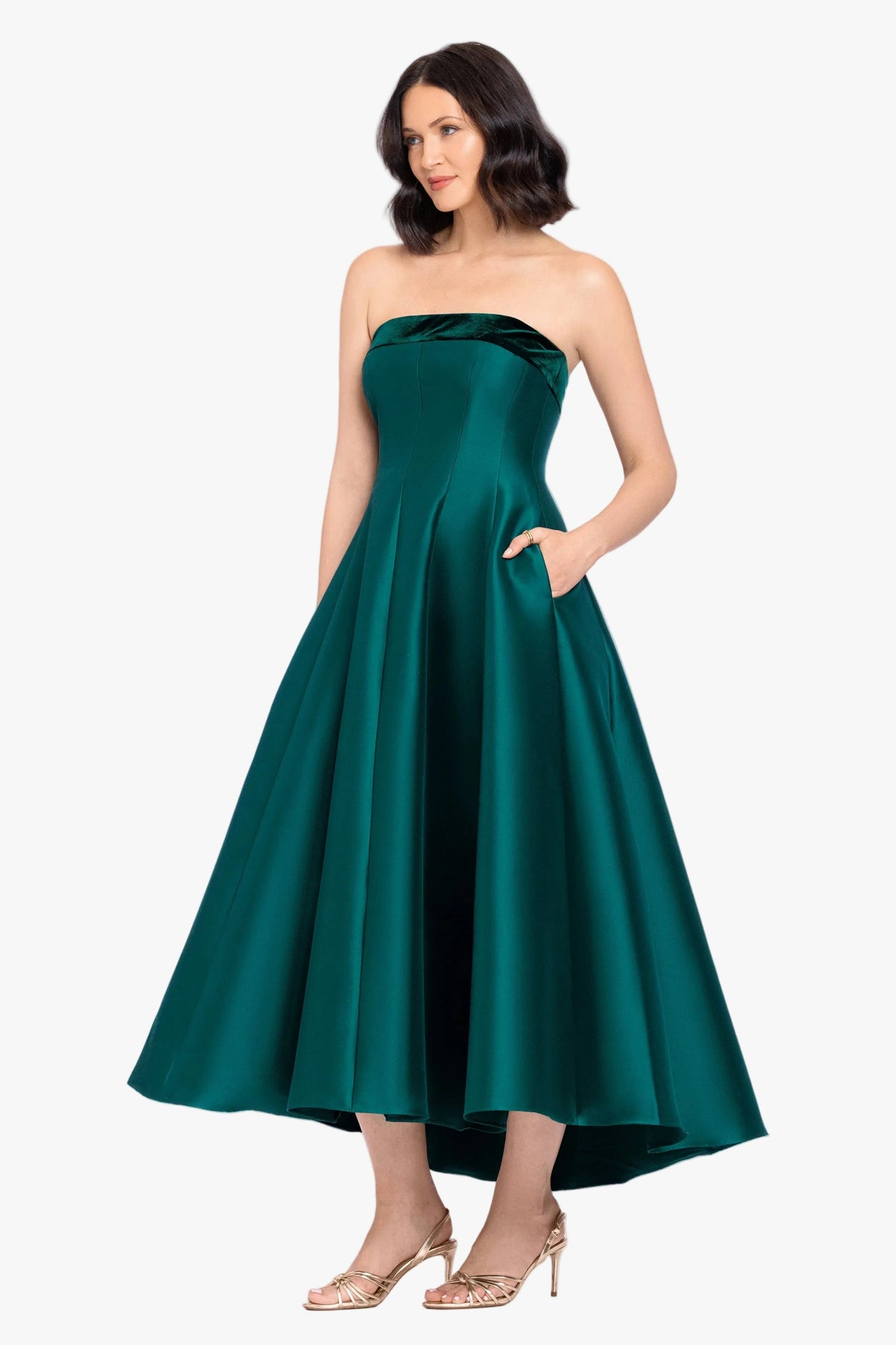 Betsy & Adam "Kali" Mikado Strapless Midi Dress - Hunter