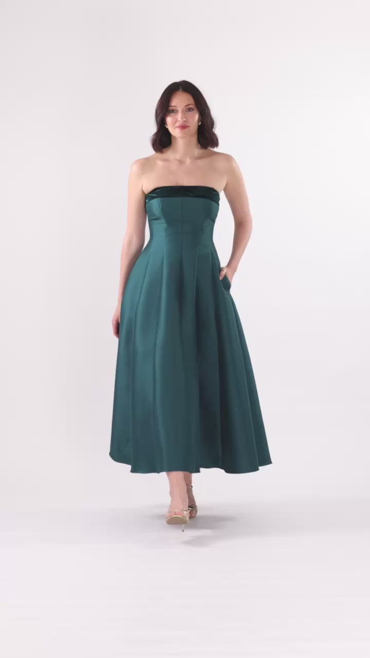 Betsy & Adam "Kali" Mikado Strapless Midi Dress - Hunter