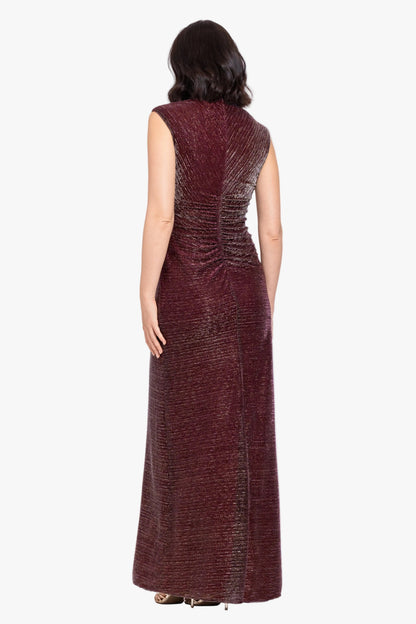 Betsy & Adam Petite "Nicole" Glitter Crinkle Mock Neck Dress - Wine/Gold