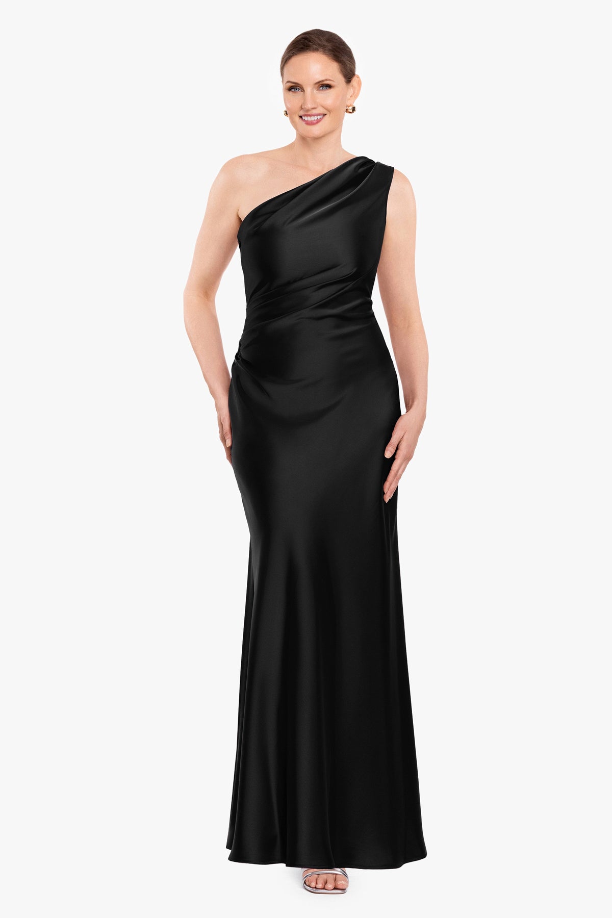 Betsy & Adam "Magnolia" Satin One Shoulder Dress - Black