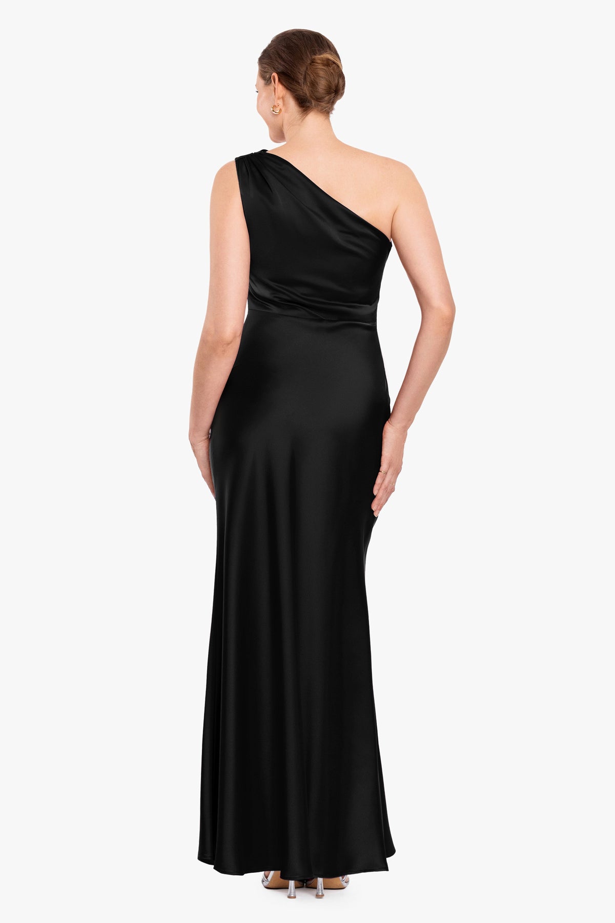 Betsy & Adam "Magnolia" Satin One Shoulder Dress - Black