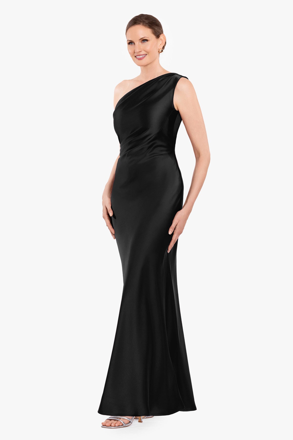 Betsy & Adam "Magnolia" Satin One Shoulder Dress - Black