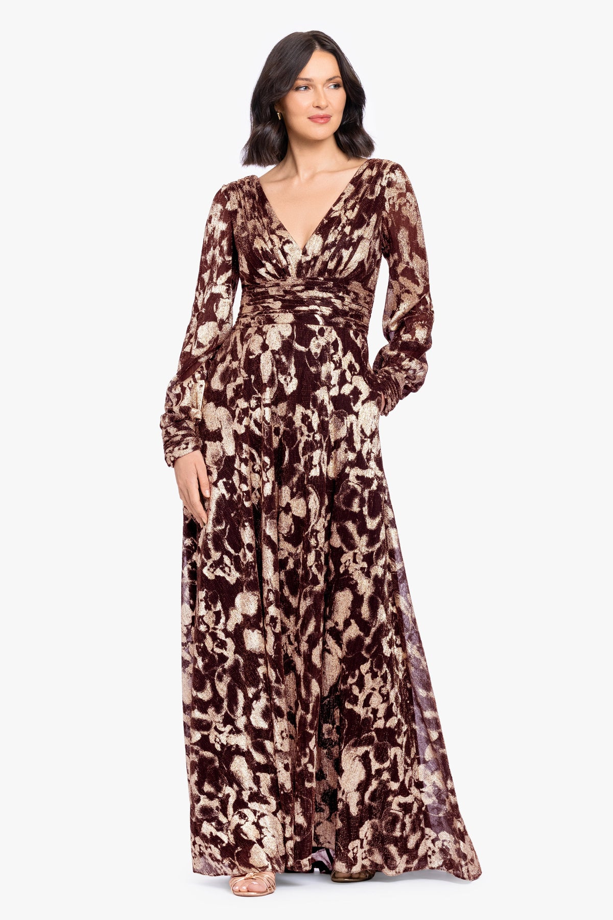 Betsy & Adam "Melanie" Metallic Knit V-Neck Long Sleeve Dress - Wine/Gold