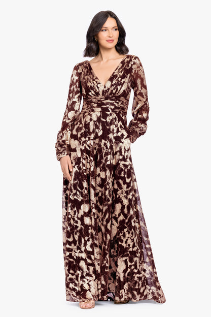 Betsy & Adam "Melanie" Metallic Knit V-Neck Long Sleeve Dress - Wine/Gold