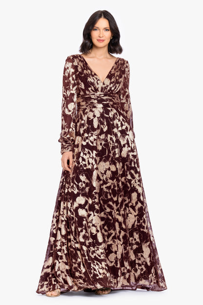 Betsy & Adam "Melanie" Metallic Knit V-Neck Long Sleeve Dress - Wine/Gold