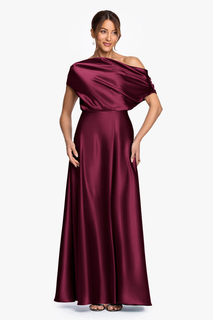 Betsy & Adam "Soley" Satin Off The Shoulder Ruched Gown - Burgundy