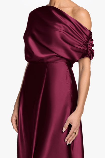 Betsy & Adam "Soley" Satin Off The Shoulder Ruched Gown - Burgundy