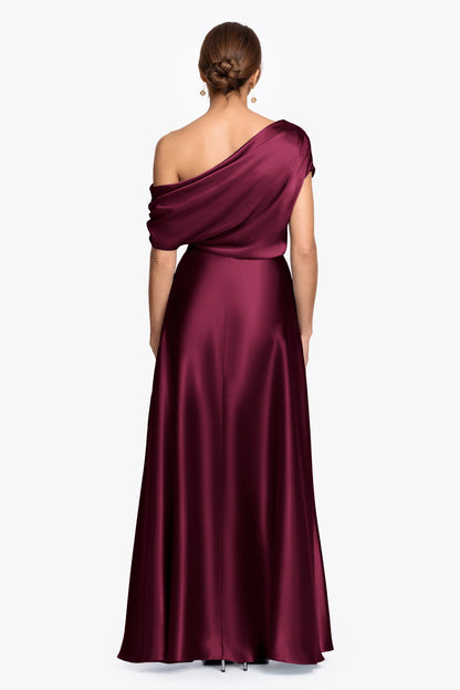 Betsy & Adam "Soley" Satin Off The Shoulder Ruched Gown - Burgundy
