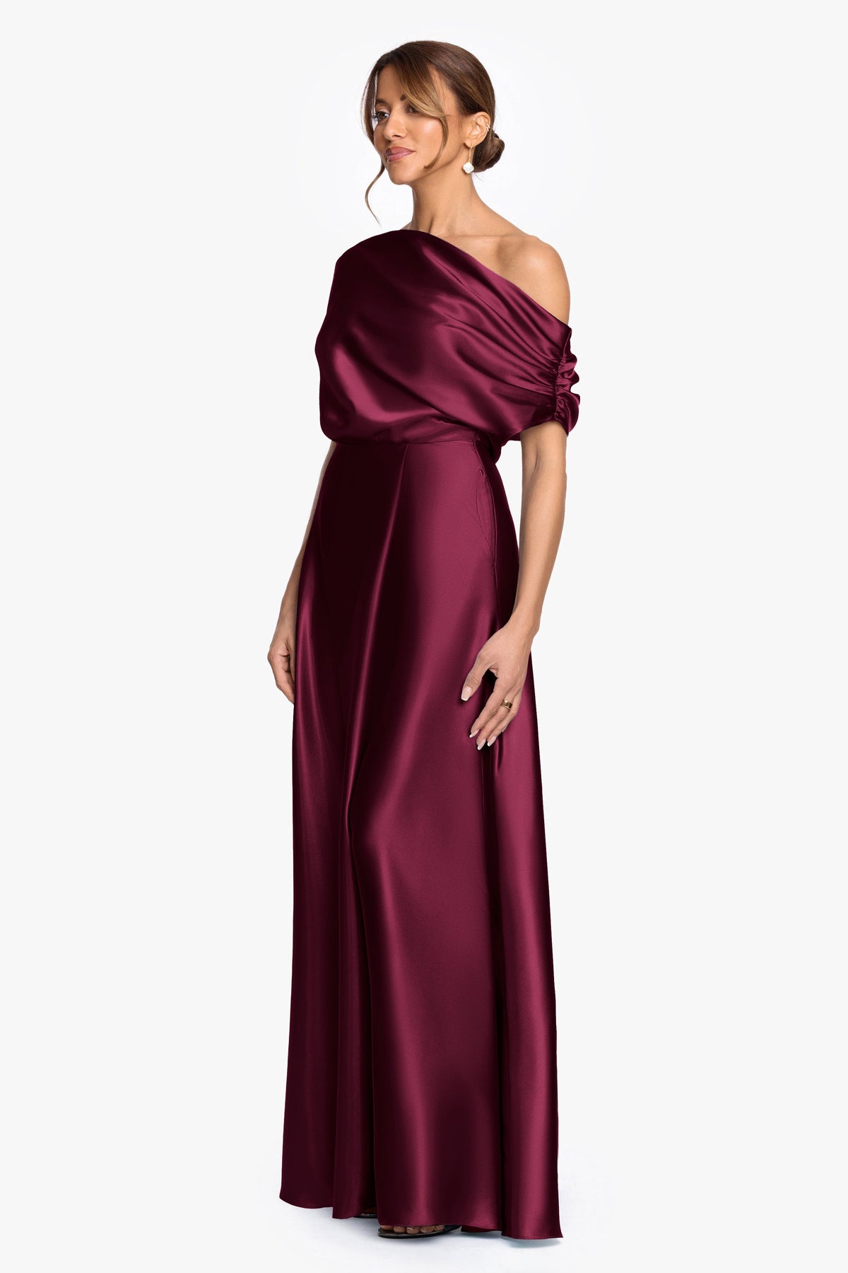 Betsy & Adam "Soley" Satin Off The Shoulder Ruched Gown - Burgundy