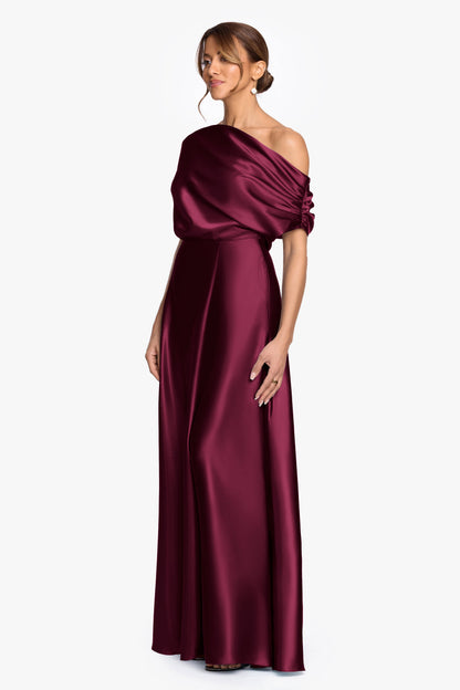 Betsy & Adam "Soley" Satin Off The Shoulder Ruched Gown - Burgundy