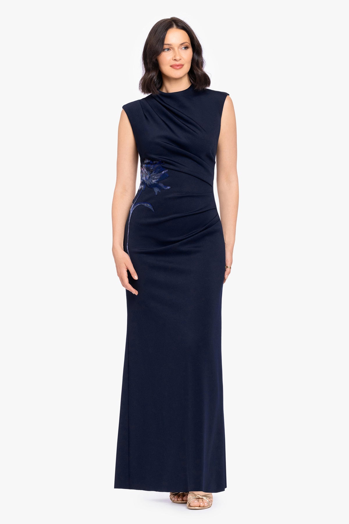 Betsy & Adam "Phoebe" Techno Scuba Flower Applique Dress - Navy
