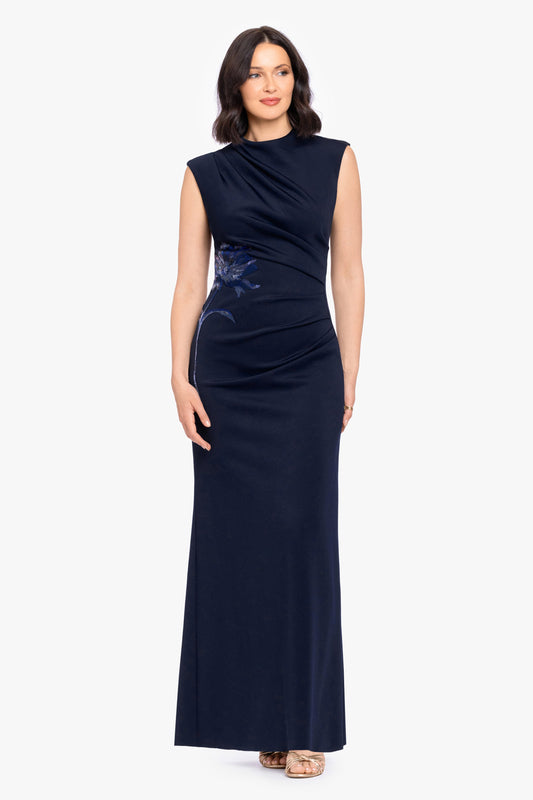 Betsy & Adam "Phoebe" Techno Scuba Flower Applique Dress - Navy