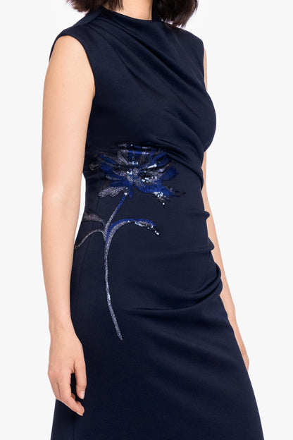 Betsy & Adam "Phoebe" Techno Scuba Flower Applique Dress - Navy