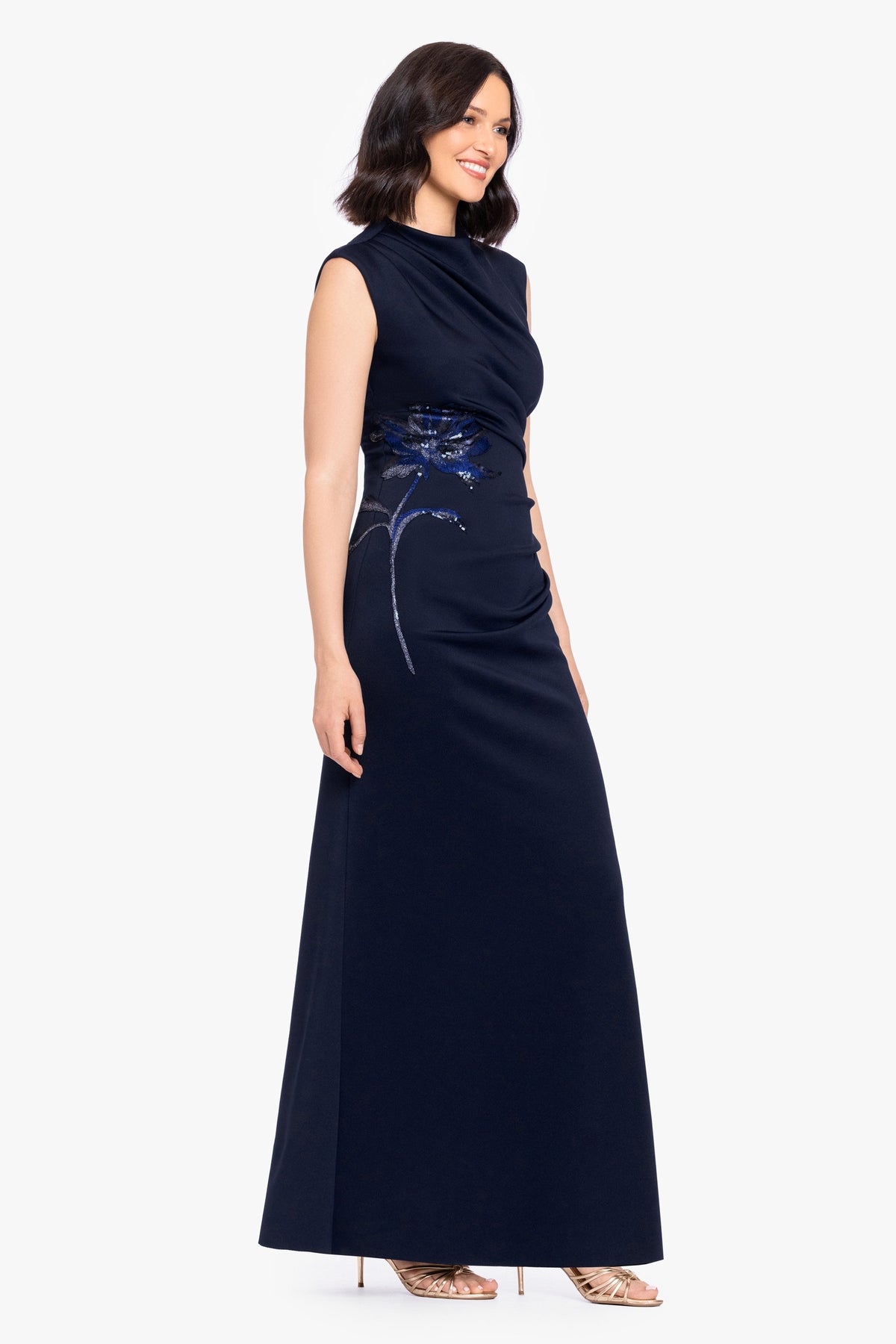 Betsy & Adam "Phoebe" Techno Scuba Flower Applique Dress - Navy