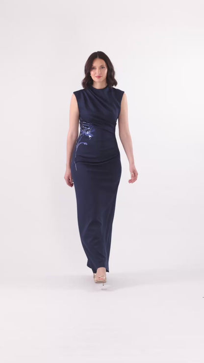 Betsy & Adam "Phoebe" Techno Scuba Flower Applique Dress - Navy