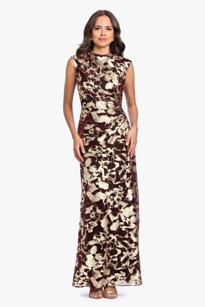 Betsy & Adam "Cory" Metallic Print Ruched Dress - Wine/Gold