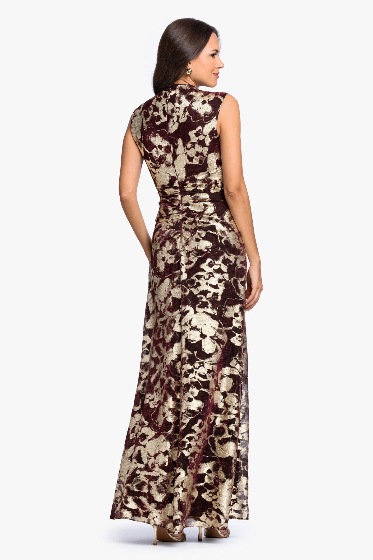 Betsy & Adam "Cory" Metallic Print Ruched Dress - Wine/Gold