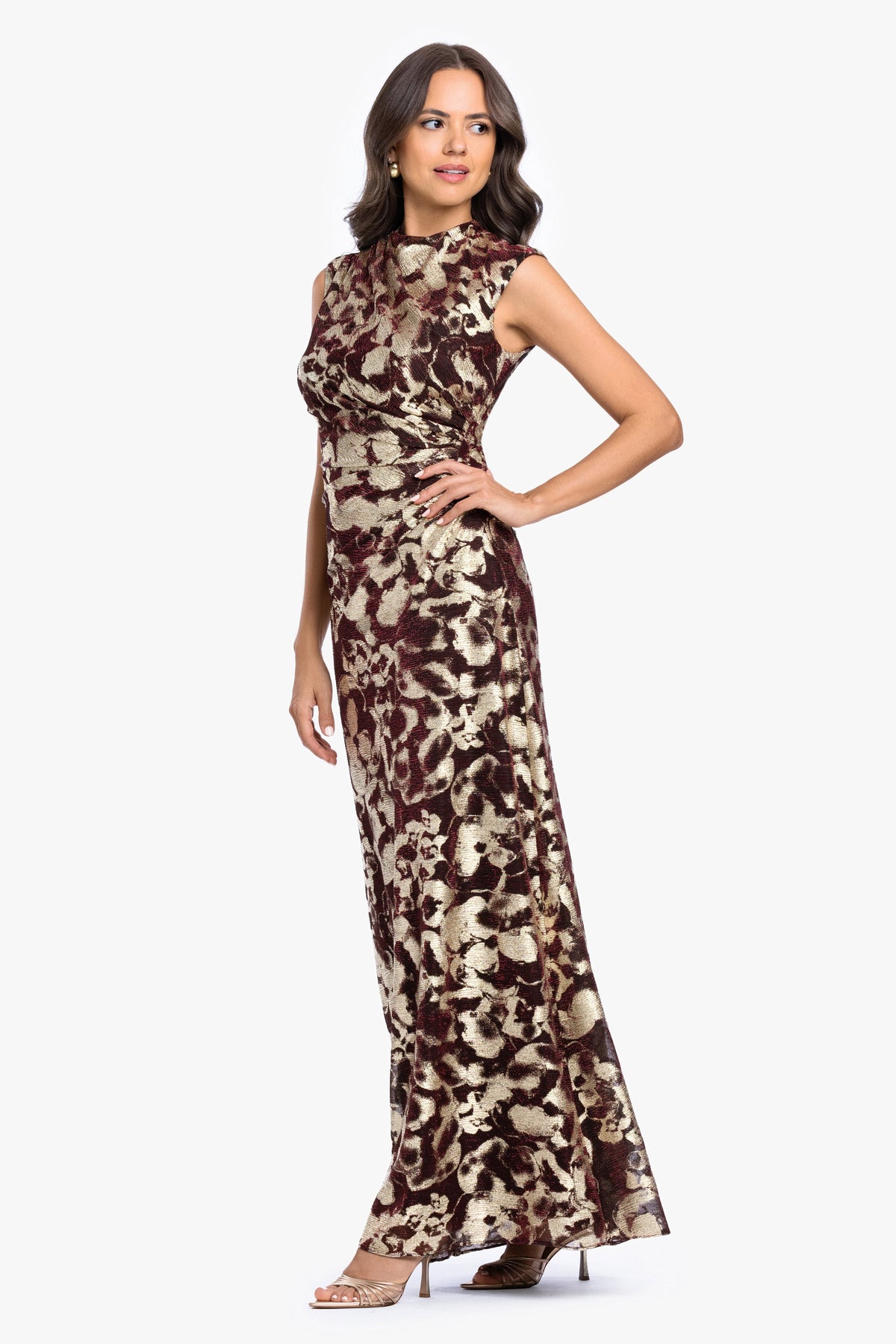 Betsy & Adam "Cory" Metallic Print Ruched Dress - Wine/Gold