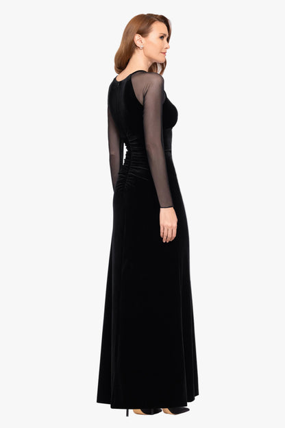 Betsy & Adam "Paris" Velvet & Mesh Long Sleeve Dress - Black