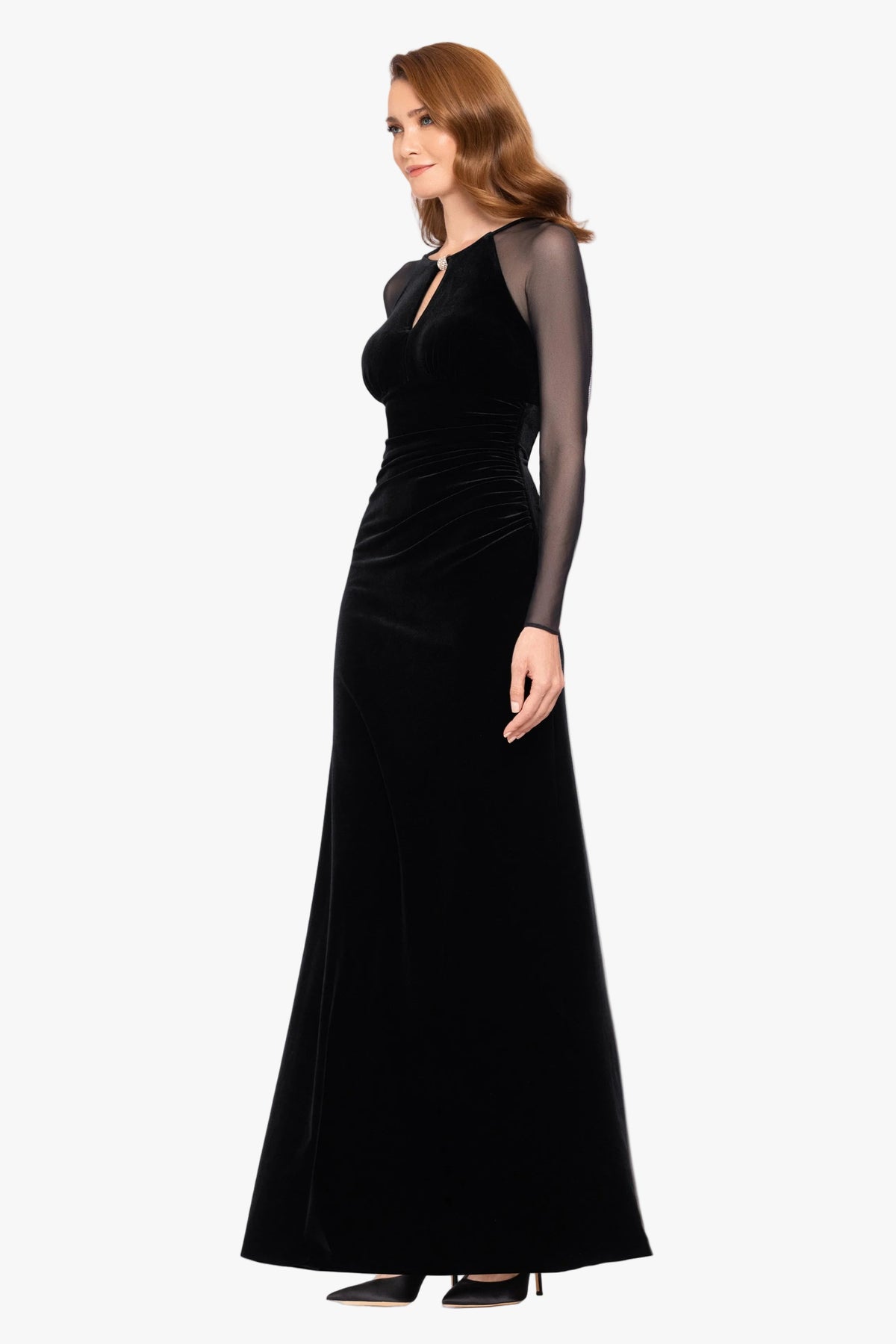 Betsy & Adam "Paris" Velvet & Mesh Long Sleeve Dress - Black