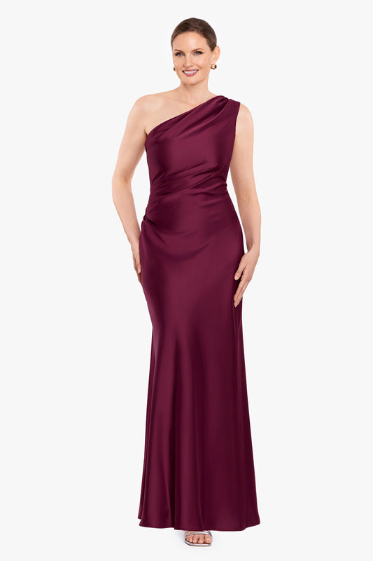 Betsy & Adam "Magnolia" Satin One Shoulder Dress - Wine