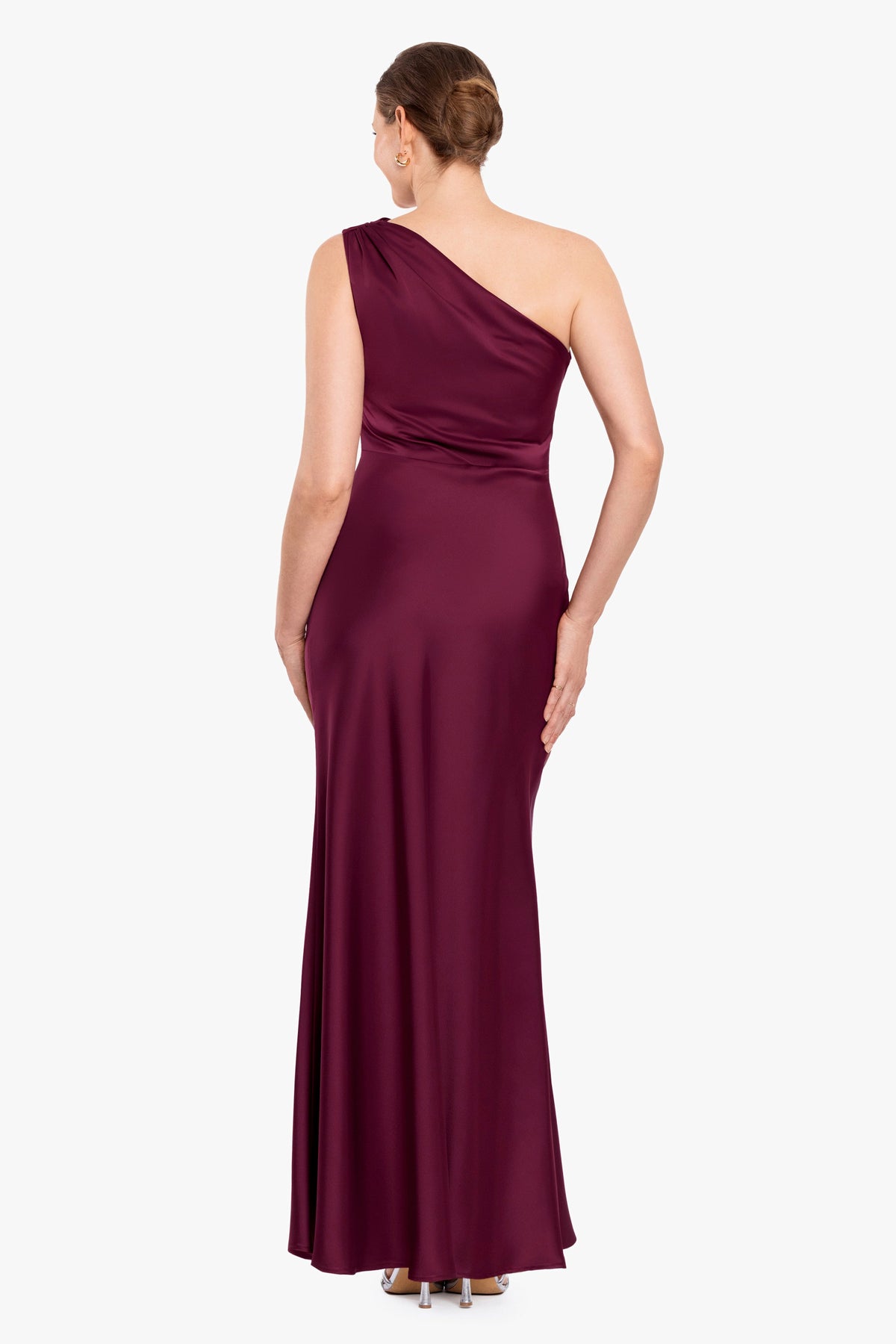 Betsy & Adam "Magnolia" Satin One Shoulder Dress - Wine
