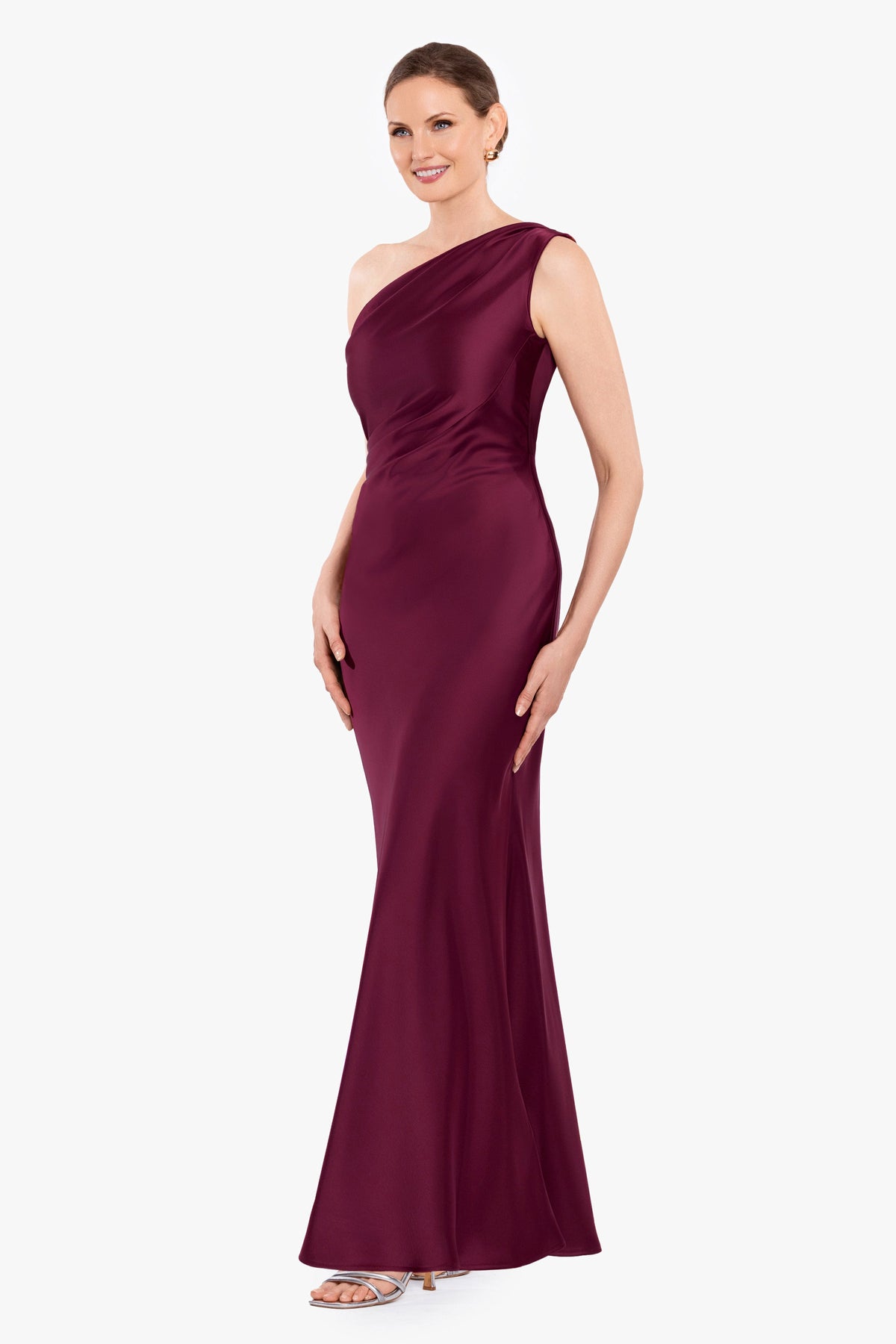 Betsy & Adam "Magnolia" Satin One Shoulder Dress - Wine