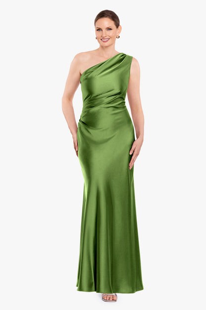 Betsy & Adam "Magnolia" Satin One Shoulder Dress - Moss