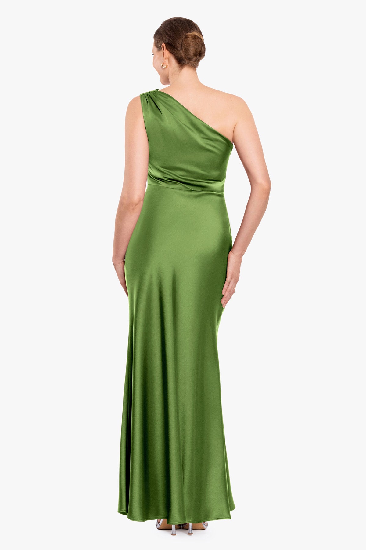 Betsy & Adam "Magnolia" Satin One Shoulder Dress - Moss