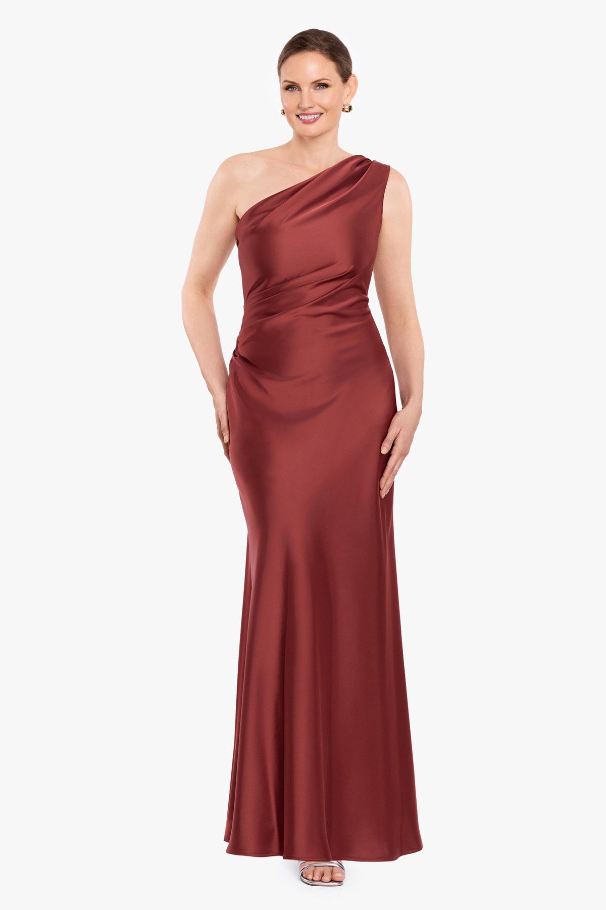 Betsy & Adam "Magnolia" Satin One Shoulder Dress - Nutmeg