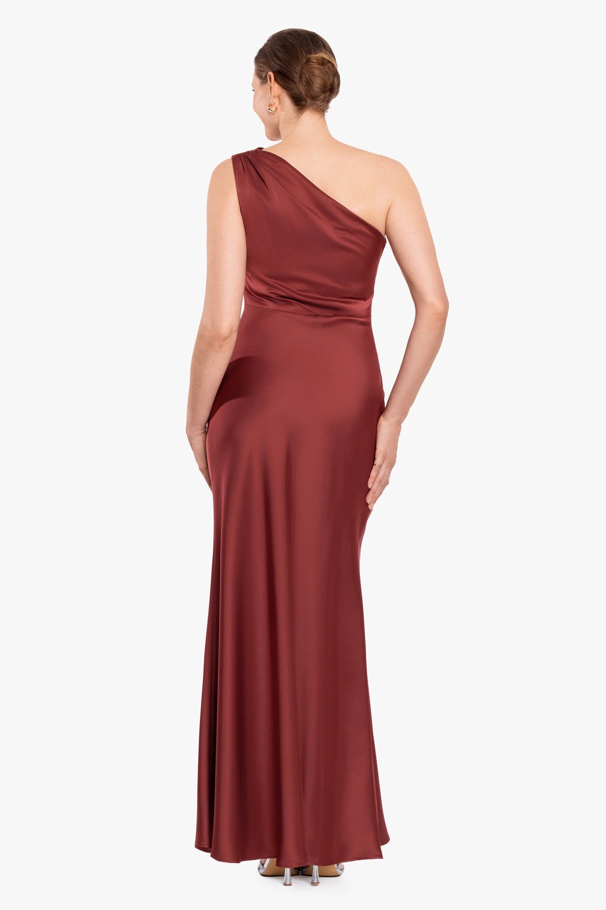 Betsy & Adam "Magnolia" Satin One Shoulder Dress - Nutmeg