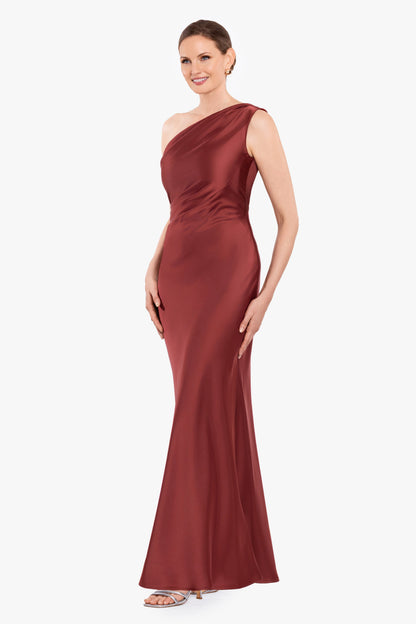 Betsy & Adam "Magnolia" Satin One Shoulder Dress - Nutmeg