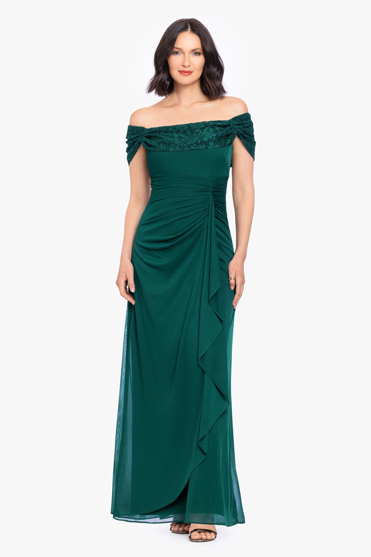 Betsy & Adam "Shailene" Sheer Matte Jersey & Glitter Lace Off The Shoulder Top Dress - Pine