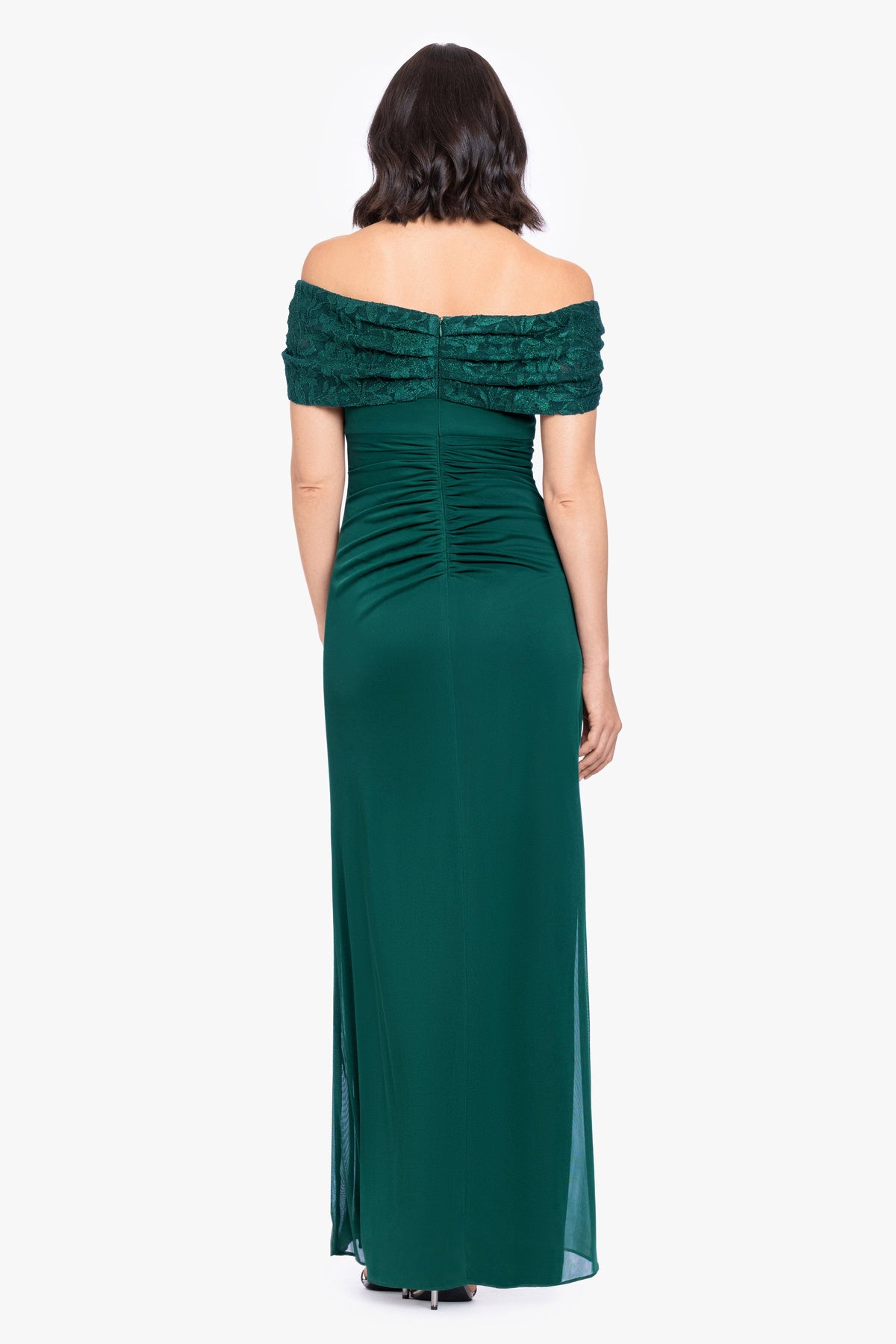 Betsy & Adam "Shailene" Sheer Matte Jersey & Glitter Lace Off The Shoulder Top Dress - Pine