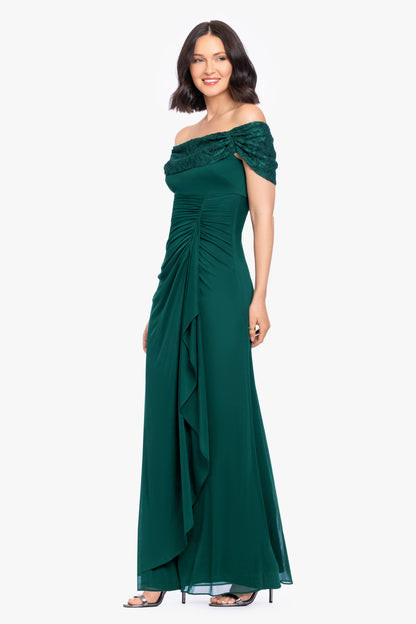 Betsy & Adam "Shailene" Sheer Matte Jersey & Glitter Lace Off The Shoulder Top Dress - Pine