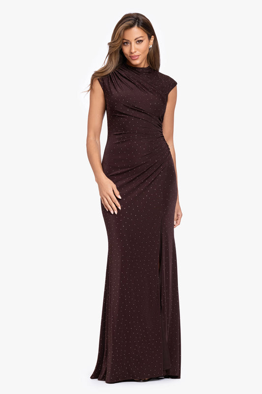 Betsy & Adam "Mika" Studded Knit Ruched Back Dress - Brown/Silver
