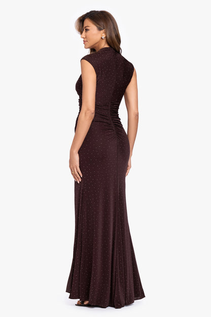 Betsy & Adam "Mika" Studded Knit Ruched Back Dress - Brown/Silver
