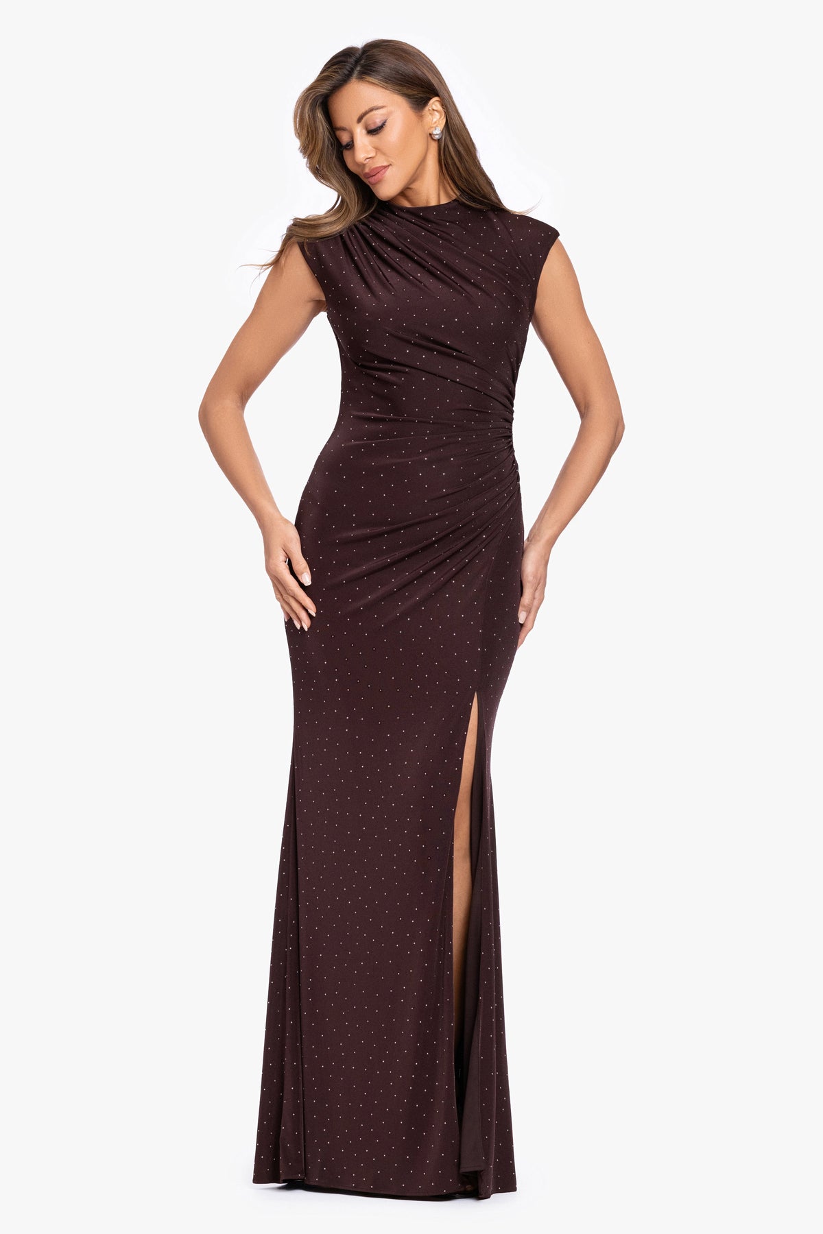 Betsy & Adam "Mika" Studded Knit Ruched Back Dress - Brown/Silver