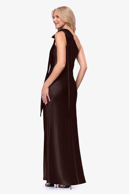 Betsy & Adam "Dove" Satin One Shoulder Bow Dress - Brown