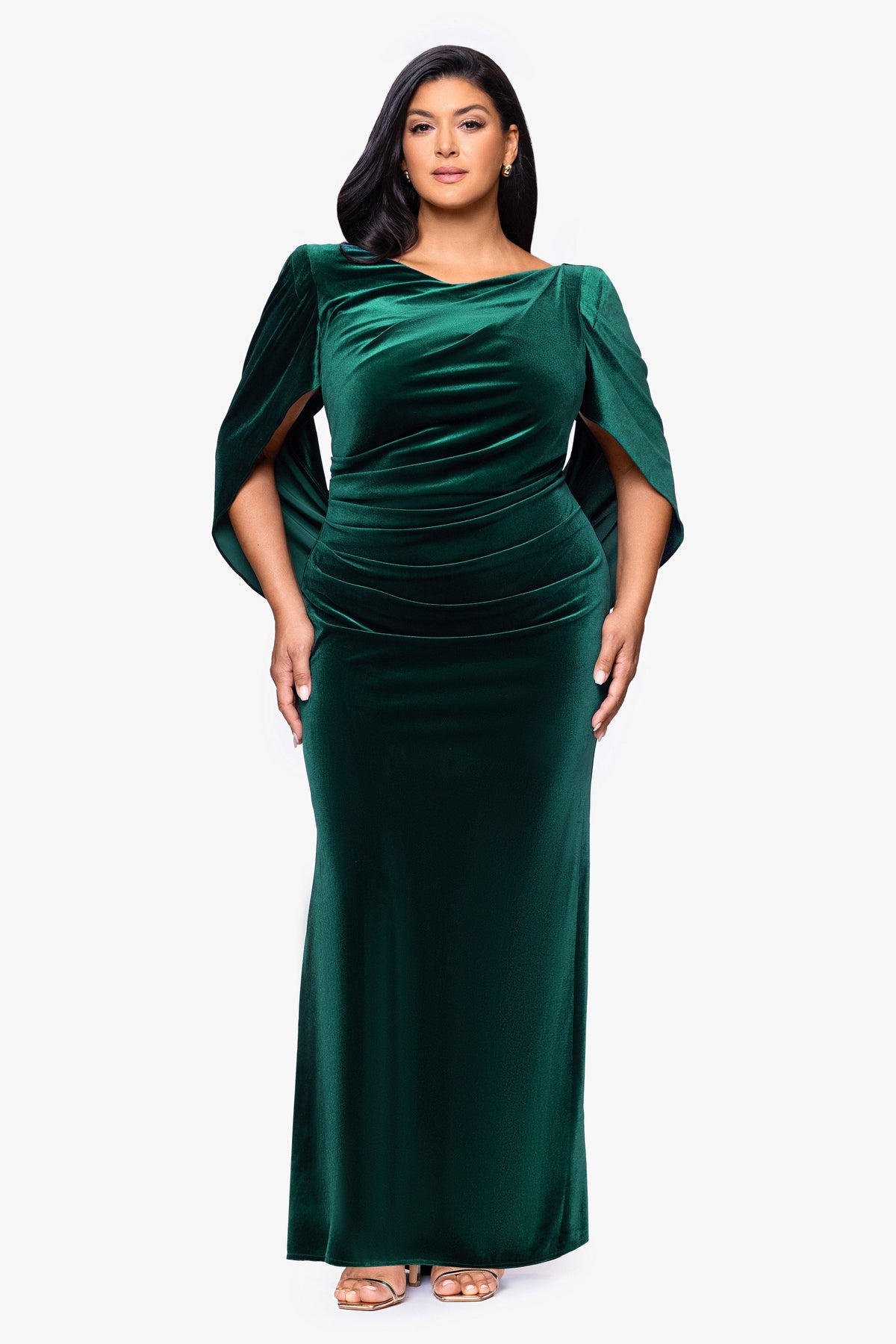 Betsy & Adam Plus "Audrey" Velvet Draped Back Dress - Hunter